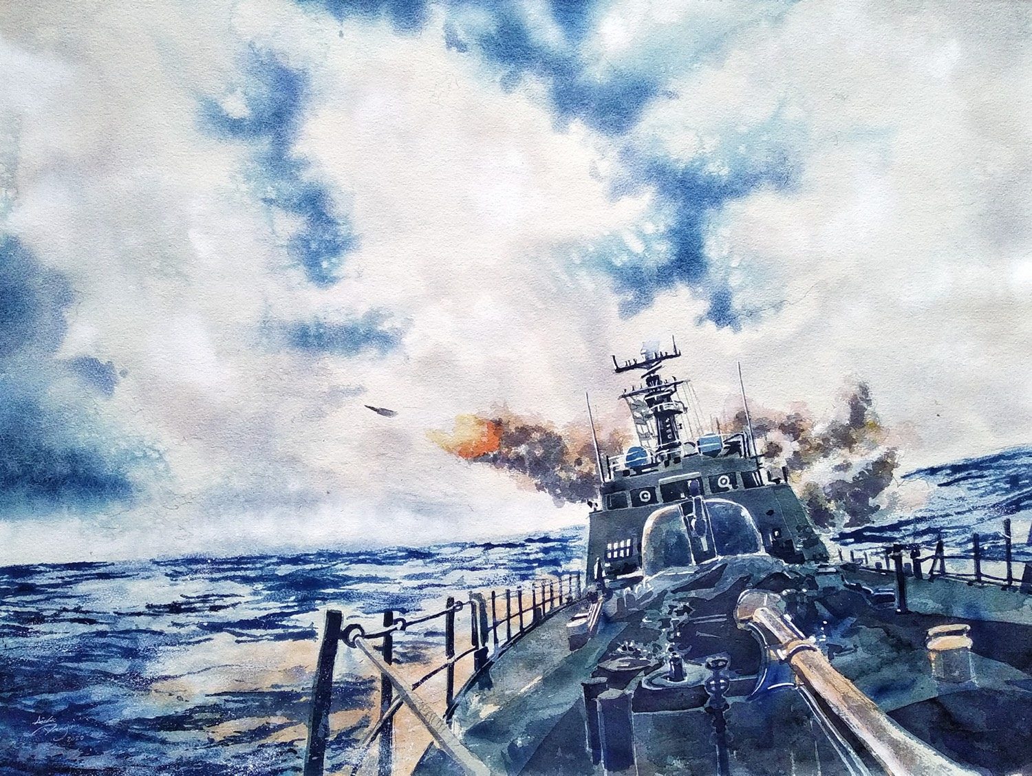 前甲板，舷號 —，水彩