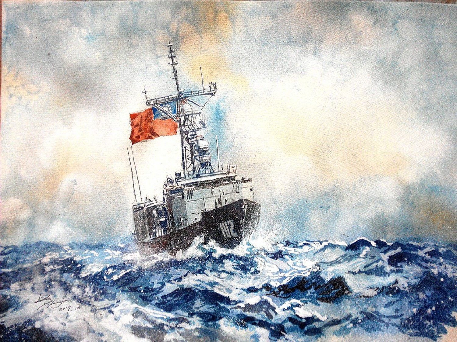 162 · 艦首，舷號 162，水彩