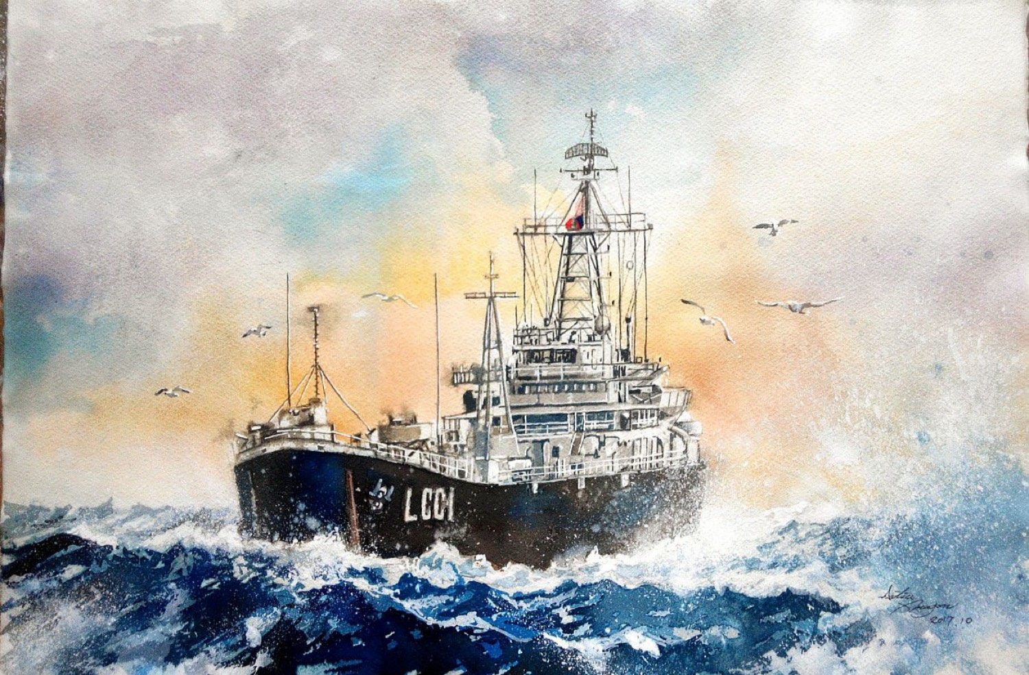 高雄 · 艦首，舷號 LCC-1，水彩