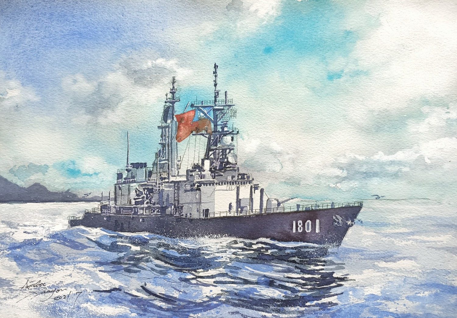 基隆 · 近岸，舷號 1801，水彩