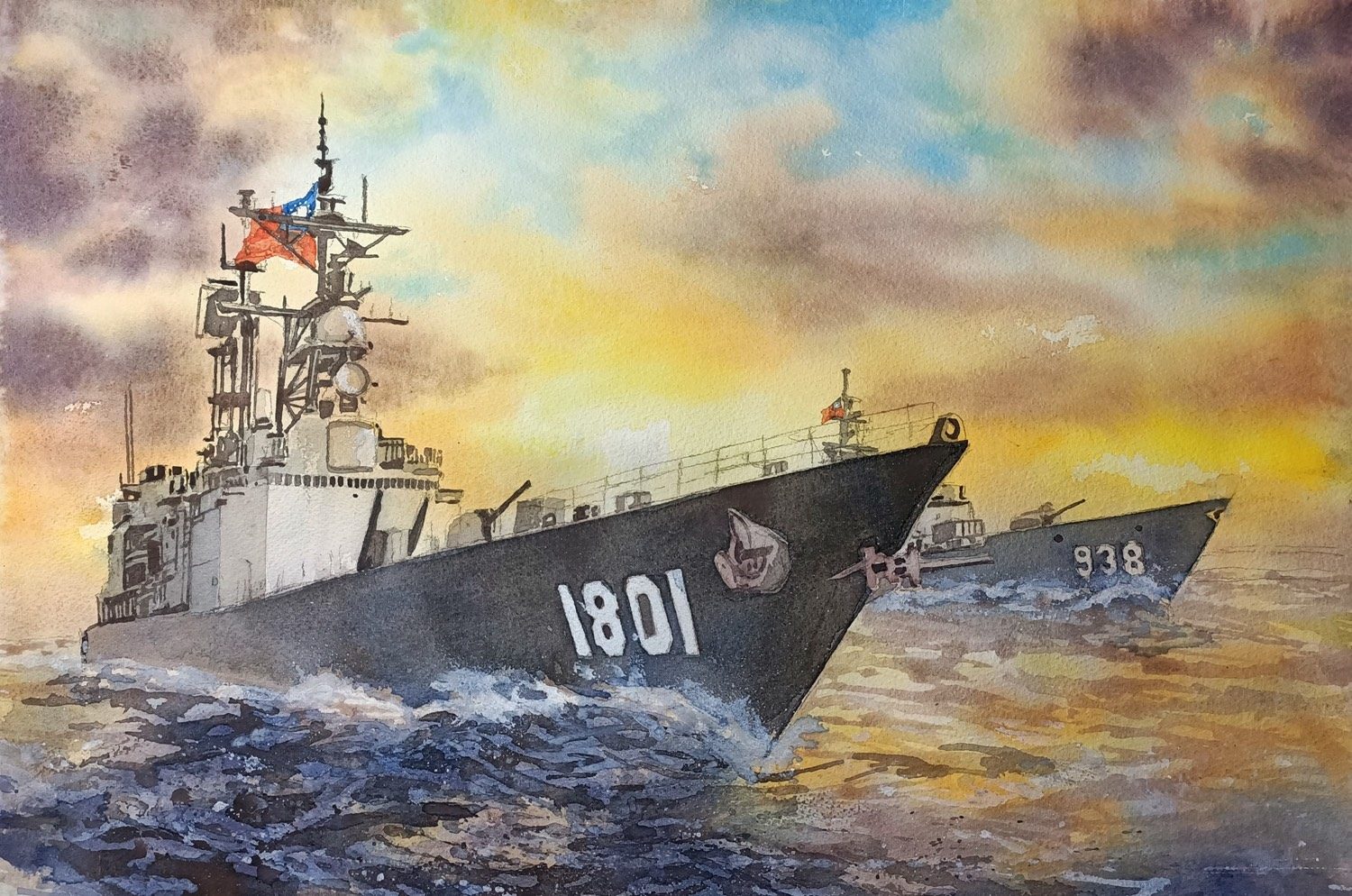 基隆與寧陽 · 暮色，舷號 1801 · 938，水彩