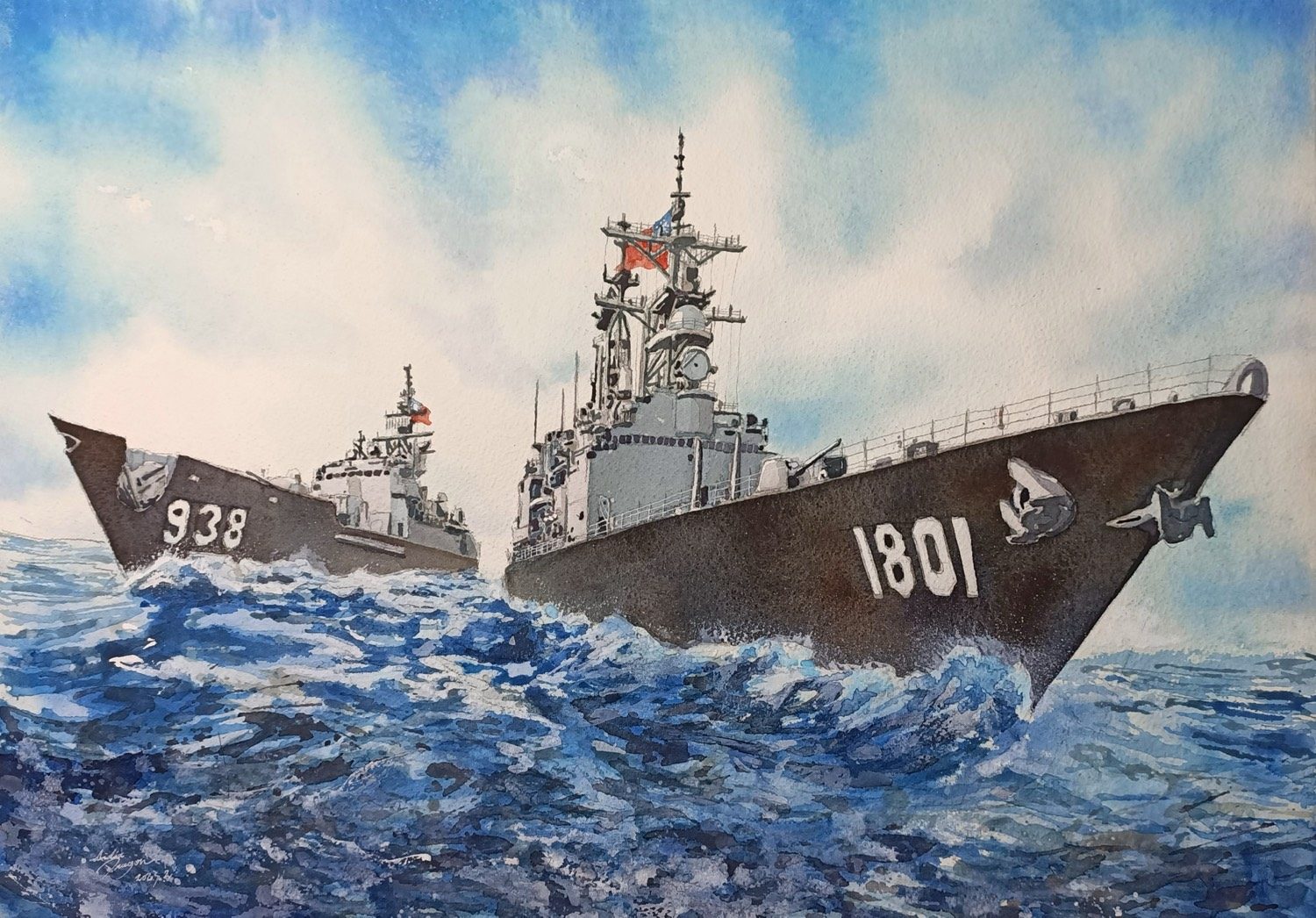 基隆與寧陽，舷號 1801 · 938，水彩