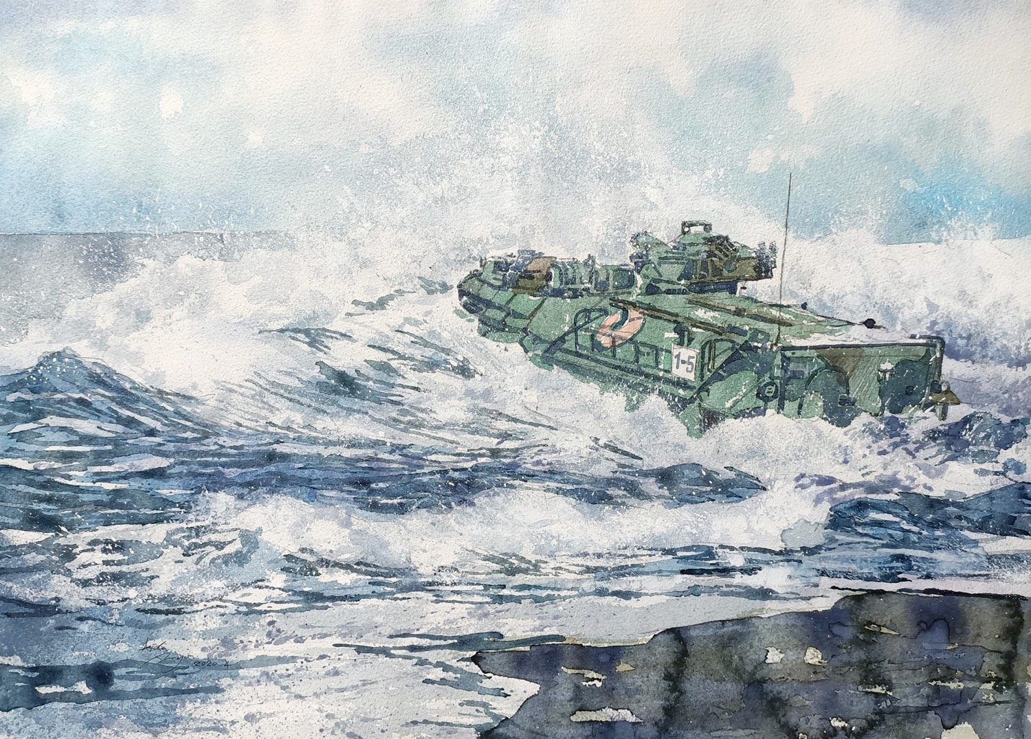 登陸戰車 · 近岸，舷號 —，水彩