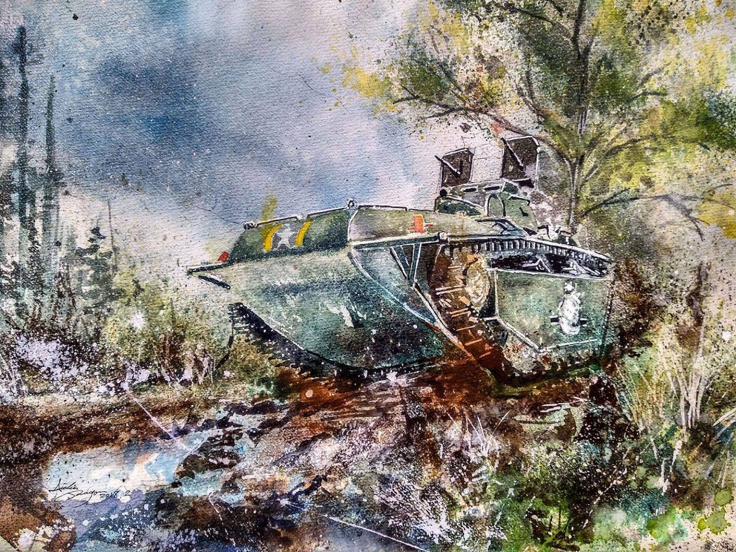 登陸戰車，舷號 —，水彩